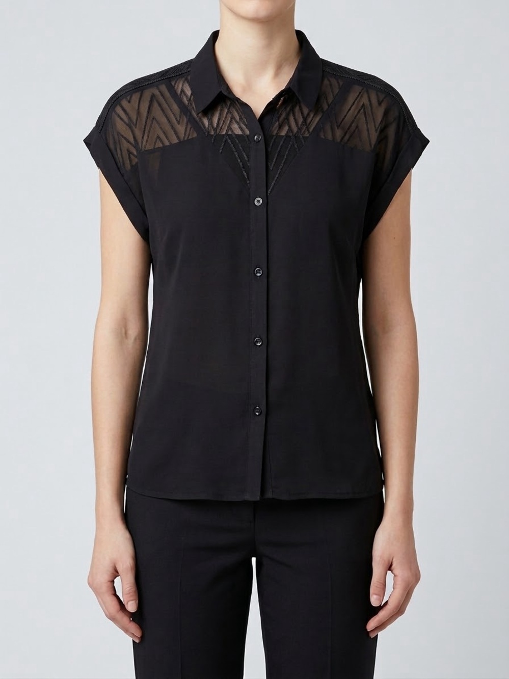 H&M Black Short Sleeve Button-Up Shirt with Sheer Geometric Yoke